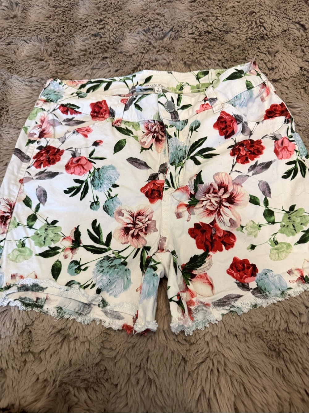 Floral Print Frayed Hem Women's Shorts - White with Red & Green size 6